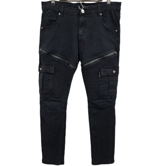 Rocawear Mens 32x32 Moto Cargo Jeans Black Biker Slim Straight Denim Pants - Picture 1 of 15
